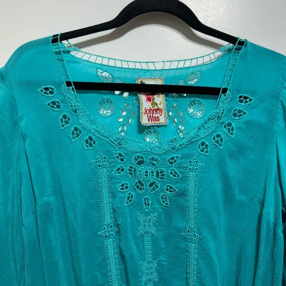 Johnny Was Teal Cupra Rayon Embroidered Cinch Waist Tunic Top Size S 3/4 Sleeve